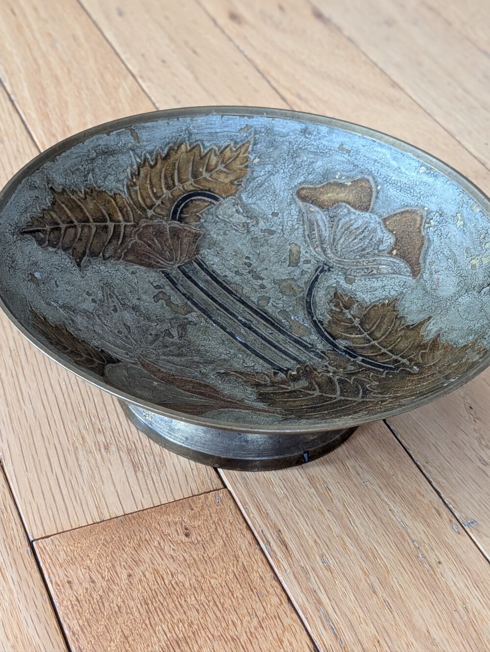 Vintage etched brass pedestal bowl hand-engraved floral and wheat